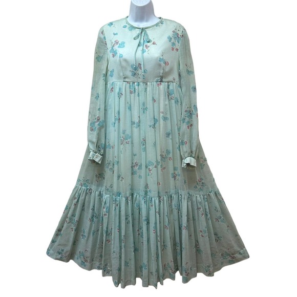 Vintage Empire Prairie Long Maxi Dress Dainty Blue Floral Semi Sheer Puff Sleeve - Picture 1 of 13